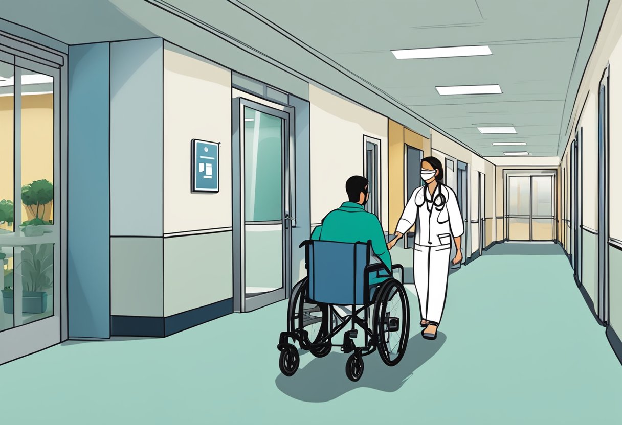 Um paciente sentado em uma cadeira de rodas sendo empurrado por um trabalhador da saúde por um corredor de hospital em direção à sala de consulta.