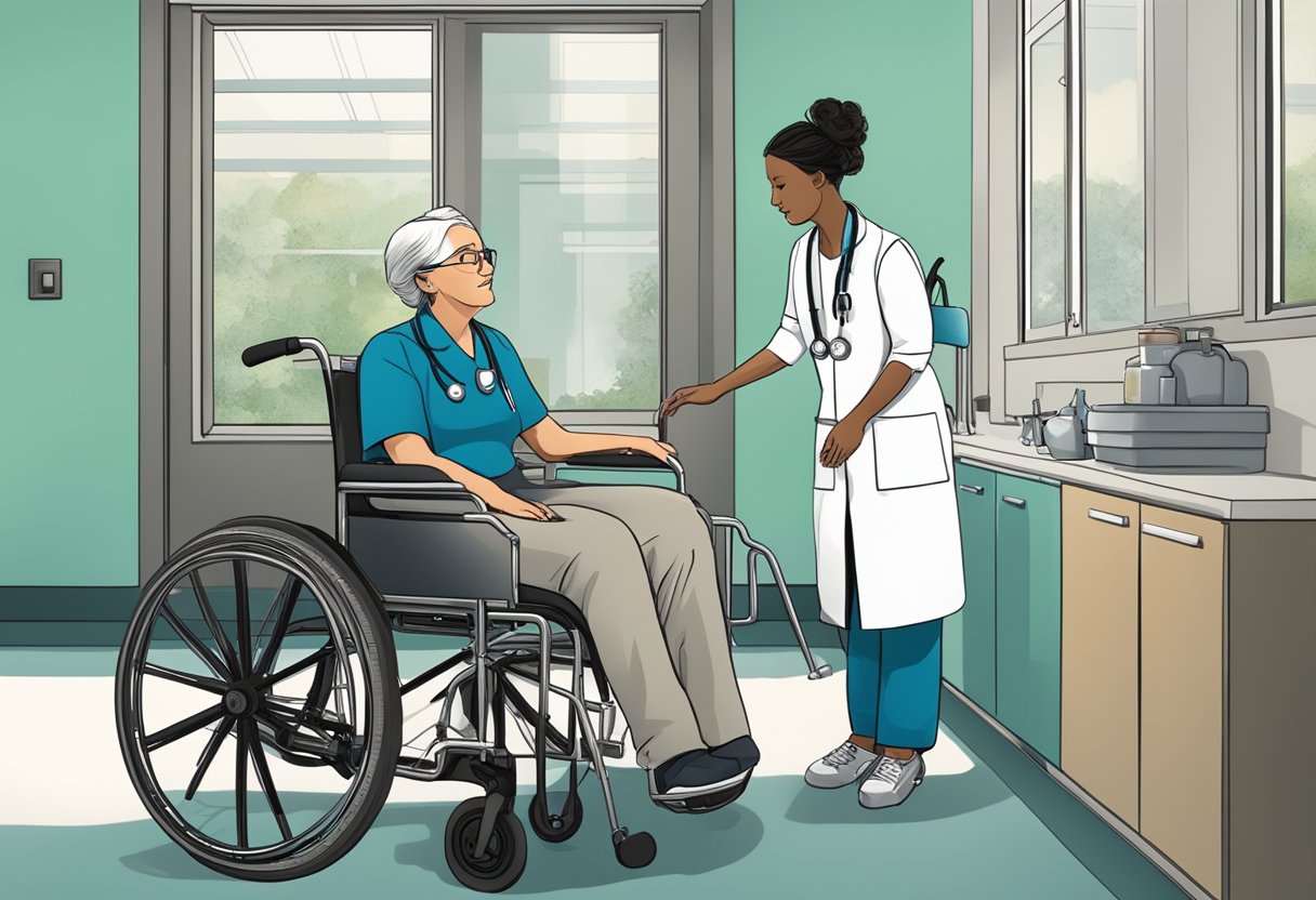 Uma enfermeira ajuda cuidadosamente um paciente a entrar em uma cadeira de rodas, preparando-se para transportá-lo a uma consulta médica. O paciente observa com um sentimento de confiança e tranquilidade.