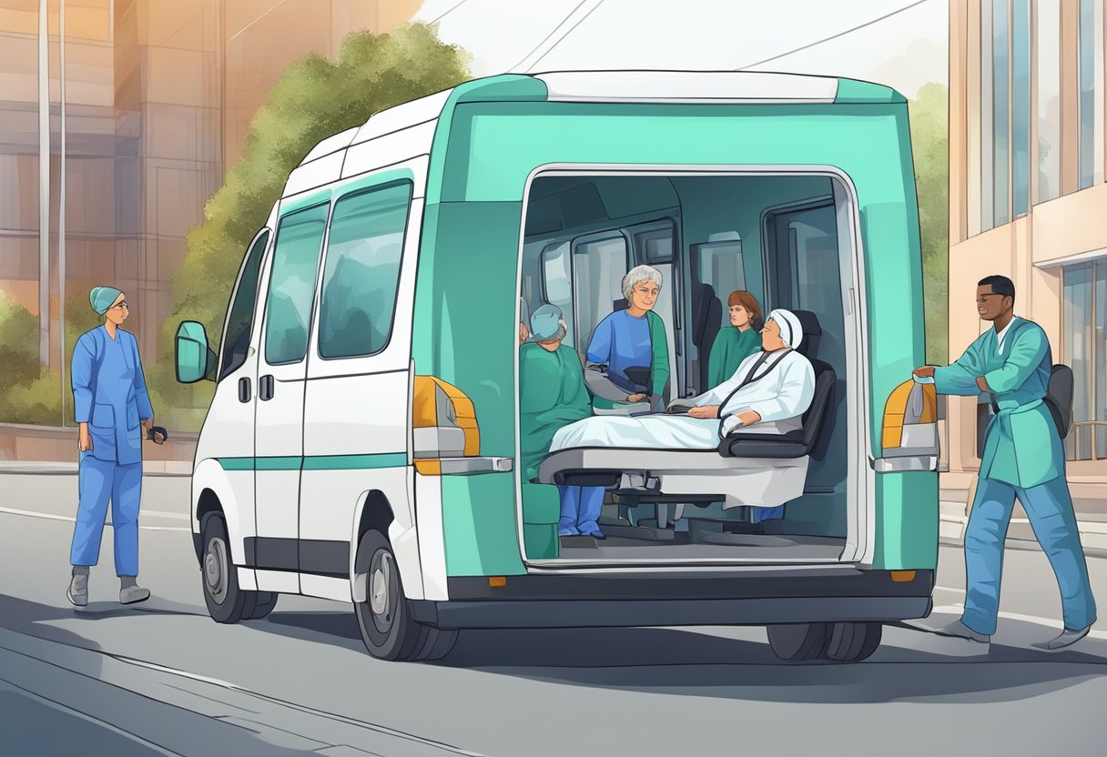 Um paciente sendo transportado com segurança em um veículo médico, com um motorista e equipe médica fornecendo cuidados durante a viagem.