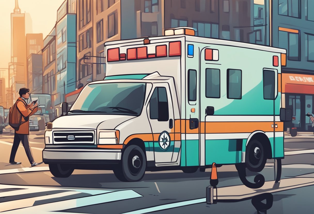 Uma pessoa discando um número de emergência em um telefone com uma expressão preocupada, enquanto uma ambulância passa rapidamente por uma rua movimentada da cidade ao fundo.