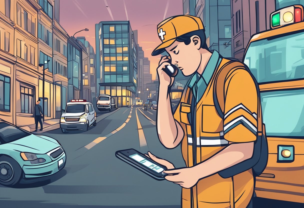 Uma pessoa discando freneticamente um telefone enquanto olha para uma conta médica com uma expressão preocupada. Do lado de fora, uma ambulância corre por uma rua movimentada com luzes piscando.