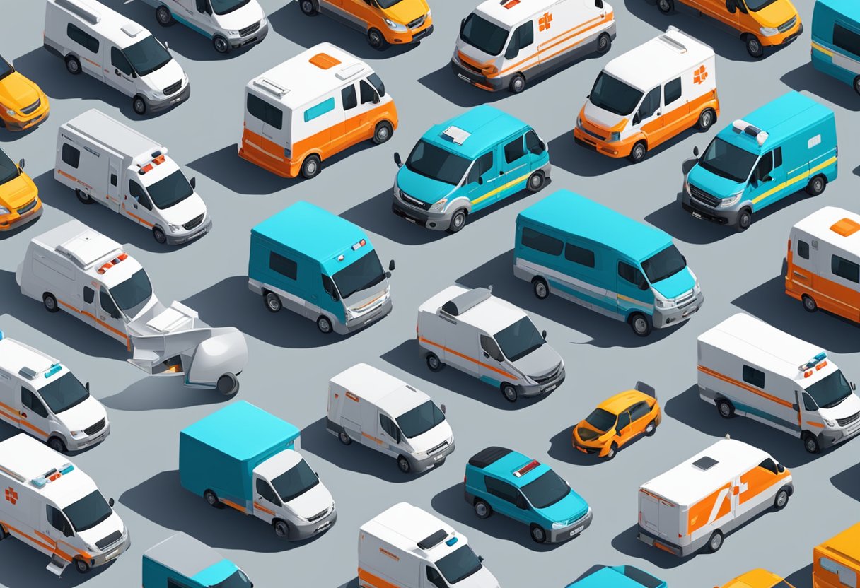 Uma variedade de ambulâncias alinhadas com diferentes especificações e características, incluindo tamanho, equipamentos e design. Uma pessoa chamando uma ambulância com um telefone na mão.