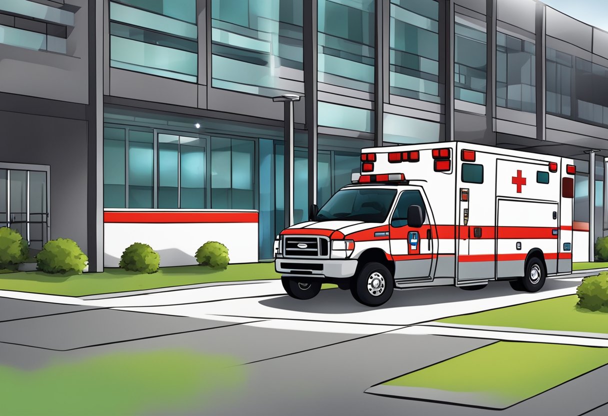Uma ambulância estacionada do lado de fora de uma instalação médica, com suas luzes piscando e os paramédicos se preparando para transportar um paciente.