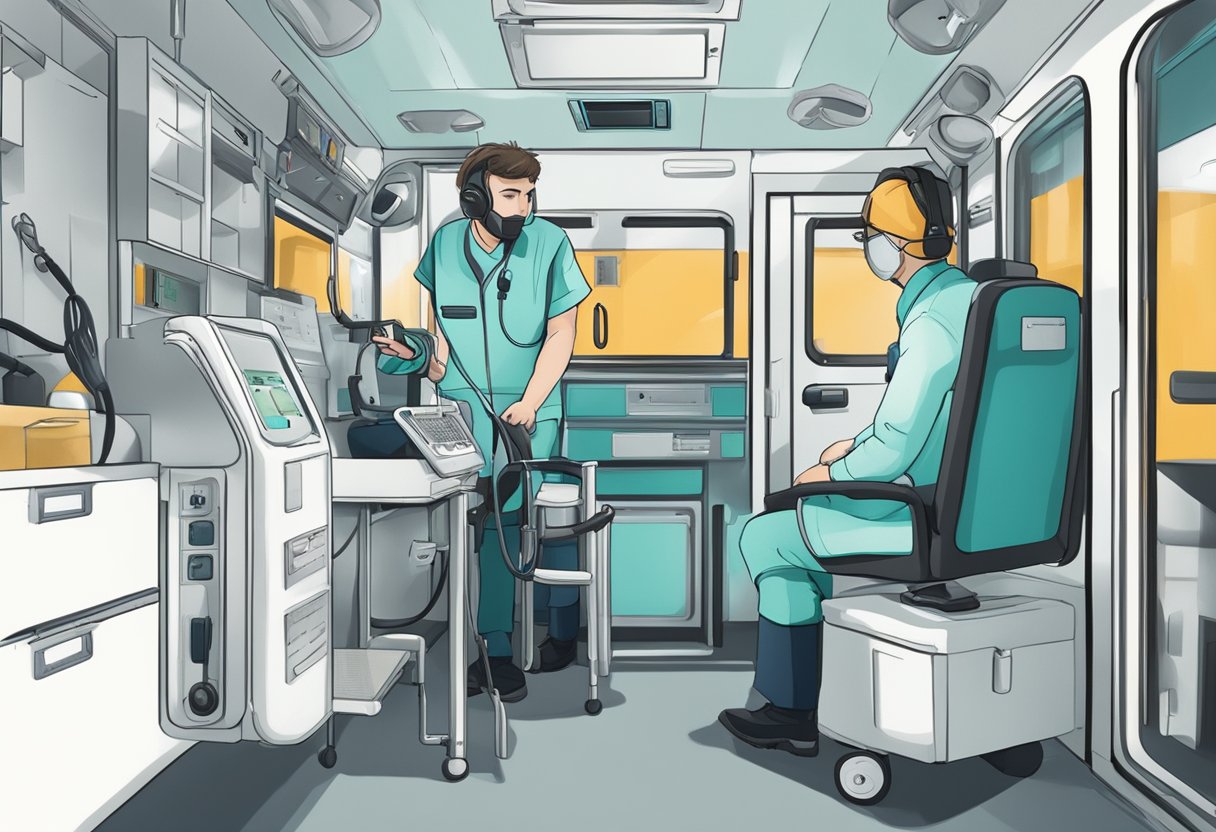 Uma equipe médica e equipamentos dentro de uma ambulância, com uma pessoa alcançando um telefone para pedir assistência.