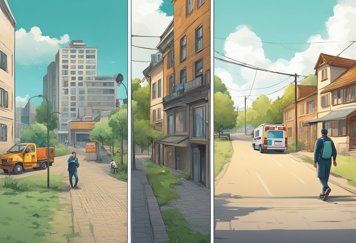 Uma pessoa em uma área rural chama uma ambulância enquanto um morador da cidade faz o mesmo. O contraste entre as paisagens e a infraestrutura é evidente.