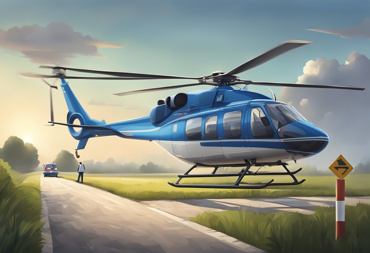 Um helicóptero médico pousa perto de uma estrada rural, enquanto uma equipe de paramédicos descarrega uma maca com equipamentos médicos.