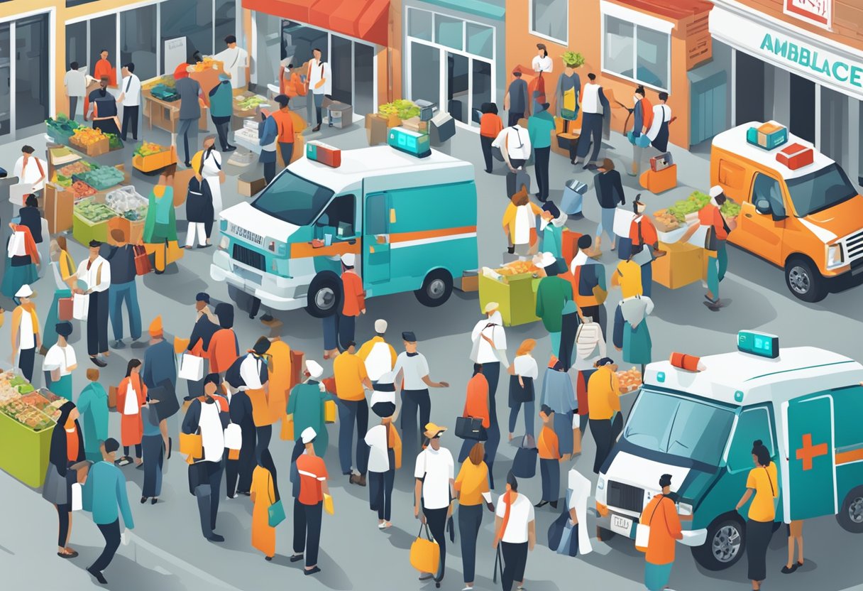 Um mercado movimentado com pessoas e negócios, com foco em uma placa indicando o custo da ambulância.