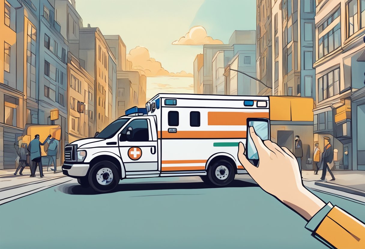 Quanto custa chamar uma ambulância: preços, fatores e dicas importantes 1 Uma pessoa alcançando um telefone, com uma ambulância ao fundo, e uma sensação de urgência no ar
