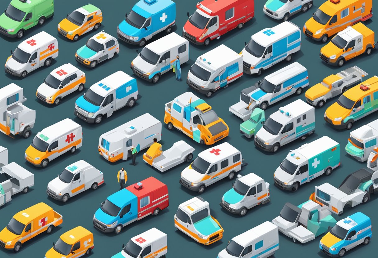 Quanto custa chamar uma ambulância: preços, fatores e dicas importantes 2 Uma frota de ambulâncias estacionadas em fila, cada uma com um design e cor diferentes. Os veículos estão cercados por equipamentos e suprimentos médicos.