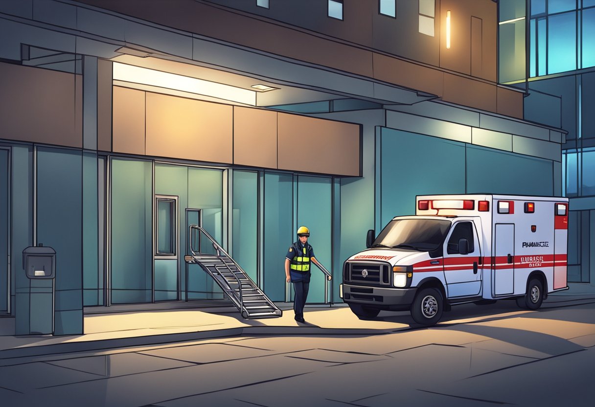 Quanto custa chamar uma ambulância: preços, fatores e dicas importantes 3 Uma ambulância estacionada do lado de fora de um prédio com suas luzes piscando, um paramédico carregando uma maca em direção à entrada.