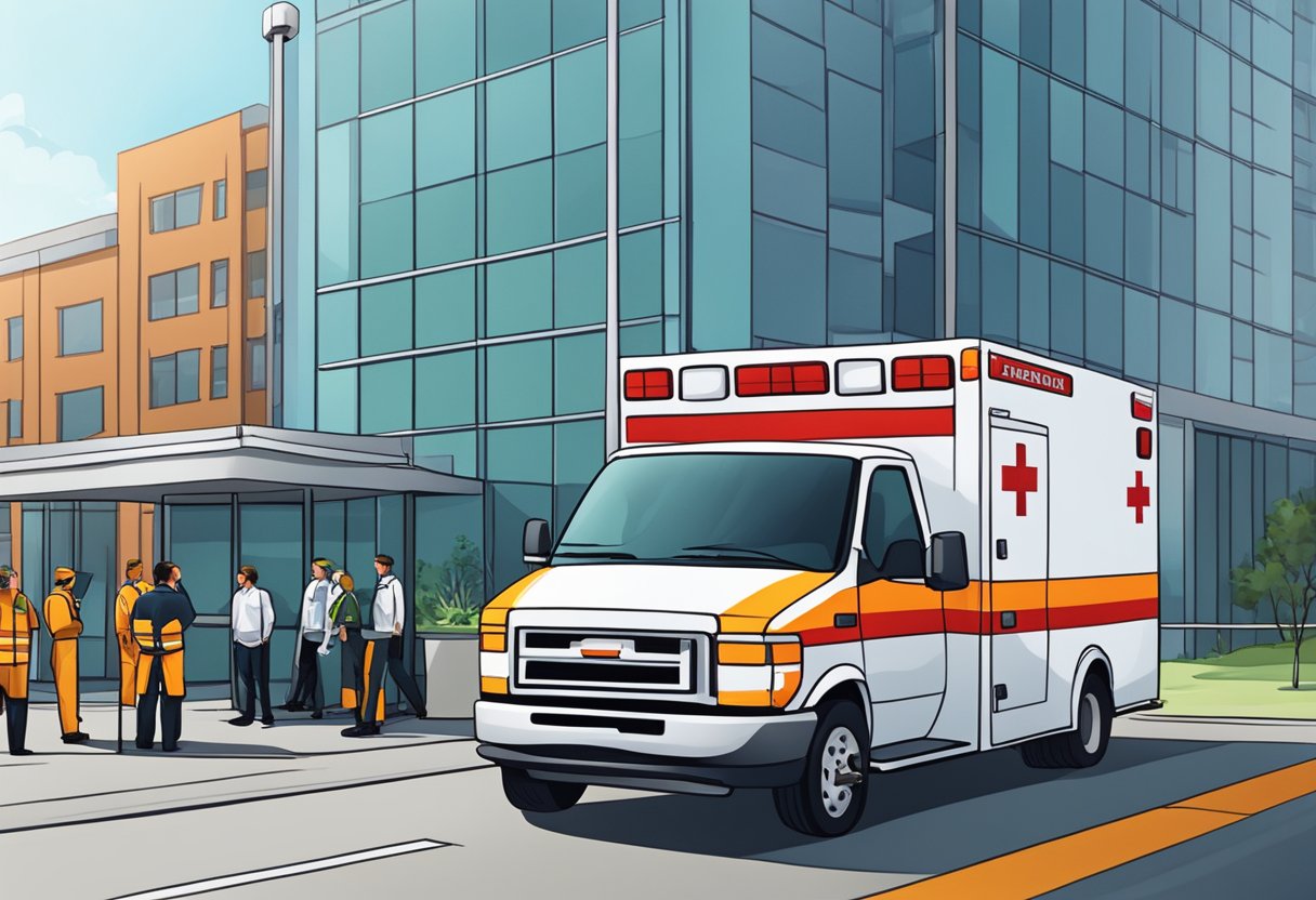 Quanto custa chamar uma ambulância: preços, fatores e dicas importantes 4 Uma ambulância estacionada do lado de fora de um local ou prédio de escritórios, com paramédicos de prontidão, prontos para fornecer assistência médica.