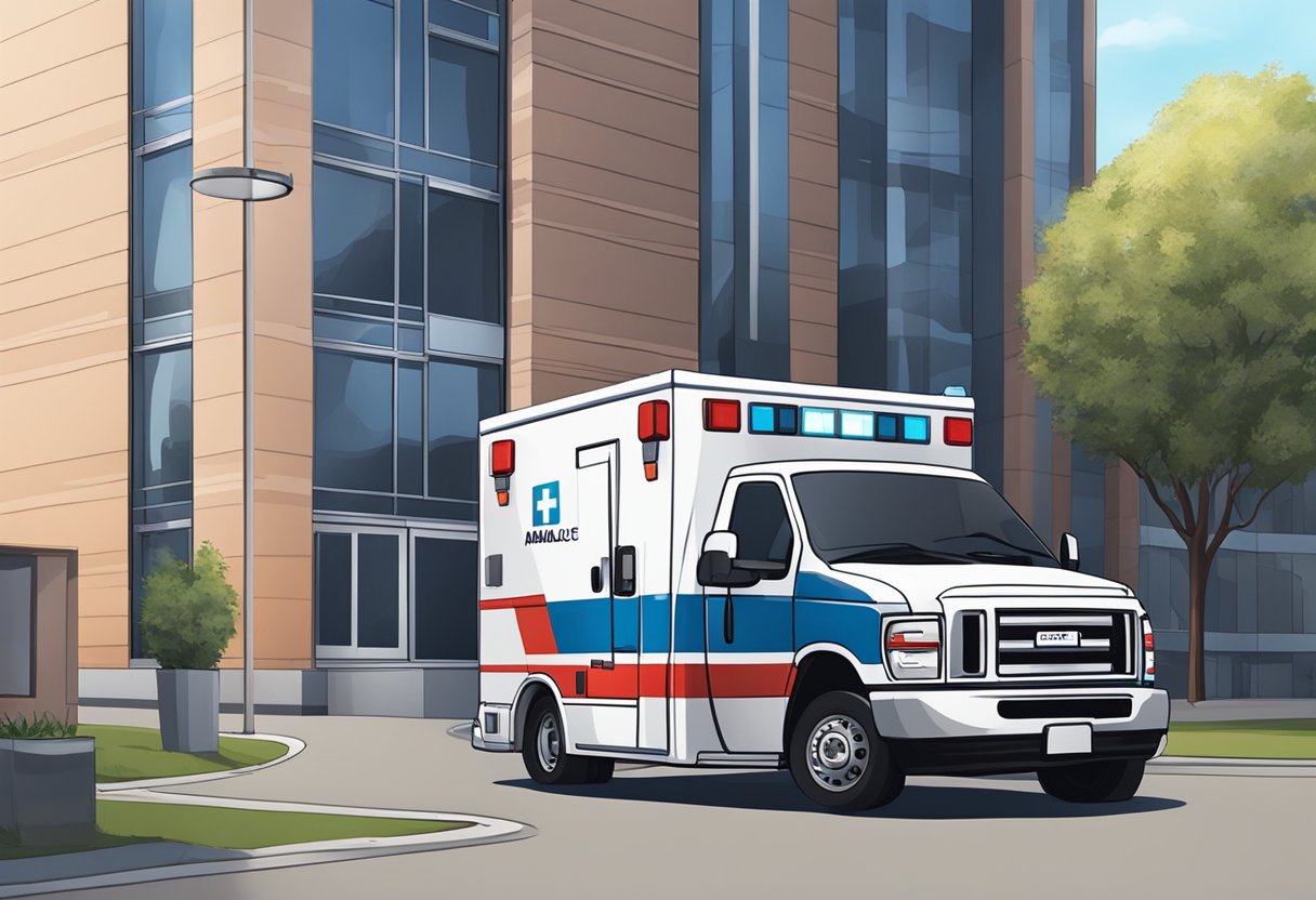 Quanto custa chamar uma ambulância: preços, fatores e dicas importantes 5 Uma ambulância estacionada do lado de fora de um hospital com um paramédico ao lado, pronto para aluguel ou locação.