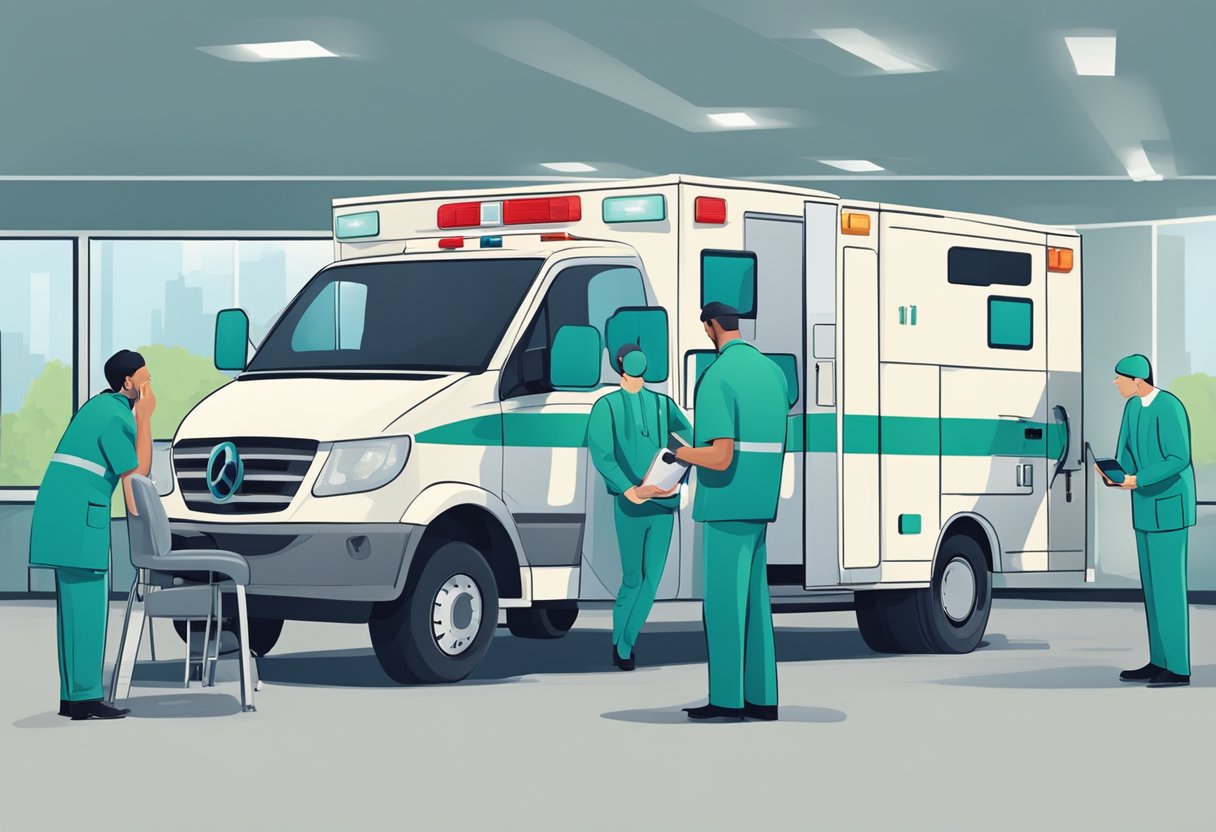 Quanto custa chamar uma ambulância: preços, fatores e dicas importantes 6 Uma equipe médica e equipamentos de ambulância em um hospital, com uma pessoa preocupada buscando informações sobre o custo de chamar uma ambulância.