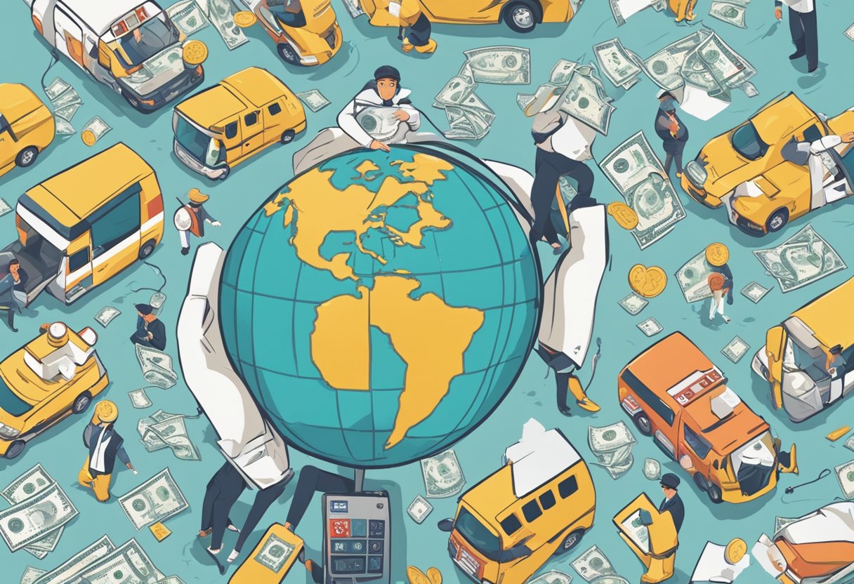 Quanto custa chamar uma ambulância: preços, fatores e dicas importantes 8 Uma pessoa em apuros em vários países, com um telefone na mão, cercada por diferentes símbolos de ambulância e vários sinais de moeda.