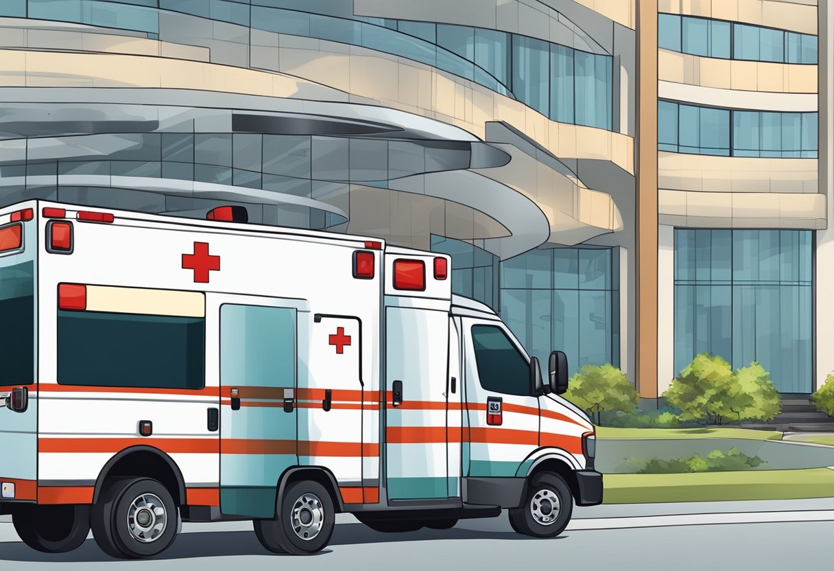 Uma ambulância estacionada em frente a um hospital, com uma etiqueta de preço e vários fatores girando ao seu redor, como localização, demanda e equipamento.