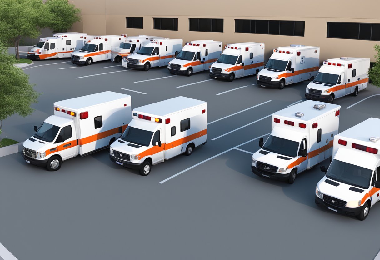 Uma frota de ambulâncias estacionadas do lado de fora de uma unidade médica, com vários tipos e tamanhos disponíveis para aluguel.