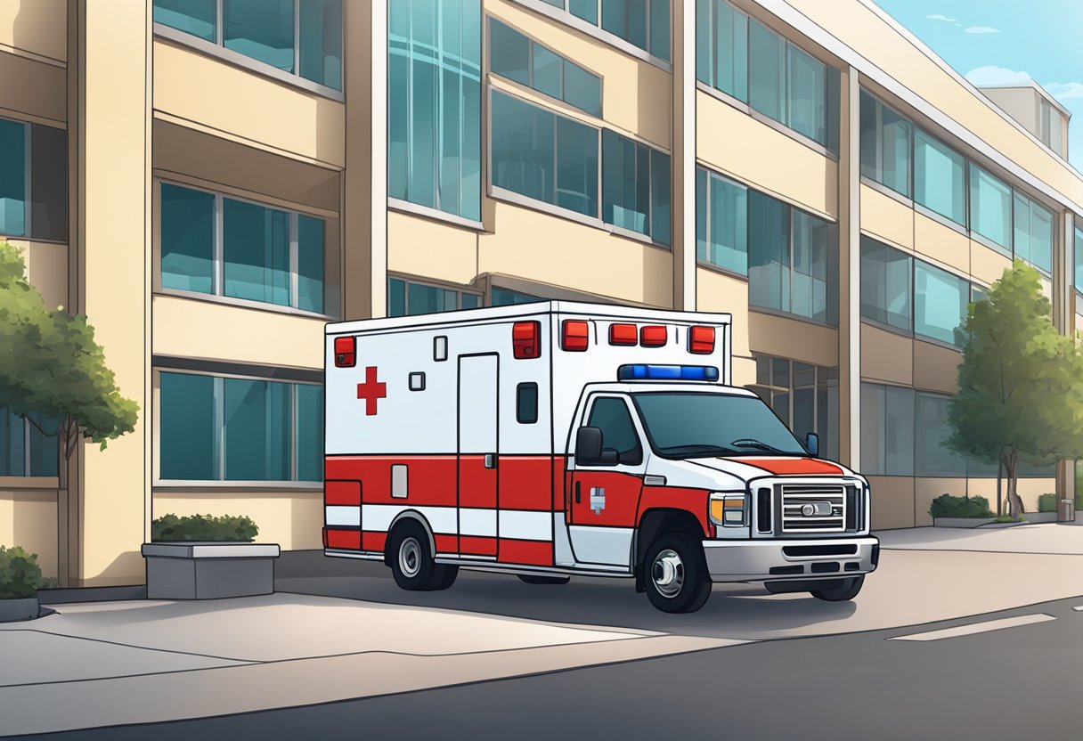 Uma ambulância estacionada do lado de fora de um hospital com equipamentos médicos visíveis através das janelas