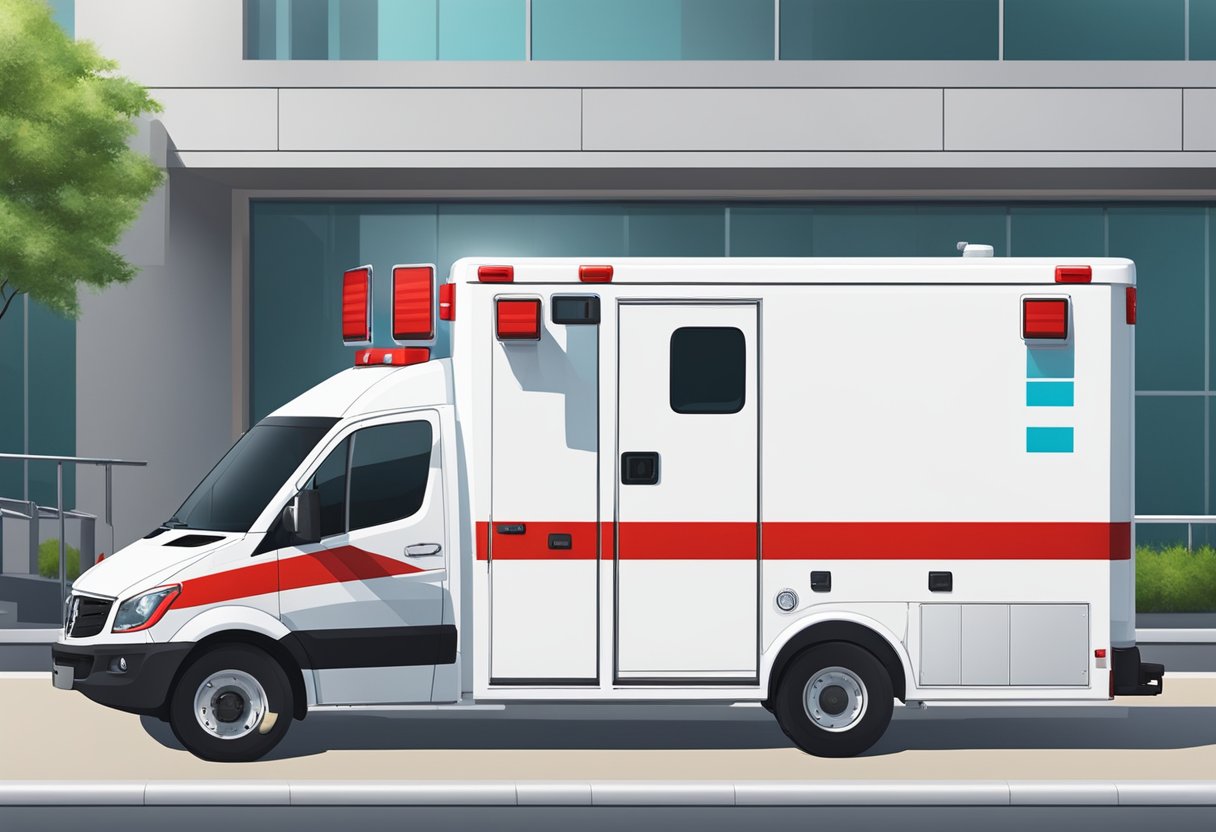 Uma ambulância moderna e bem equipada estacionada do lado de fora de uma unidade médica, exibindo equipamentos médicos de alta qualidade e uma estrutura robusta.