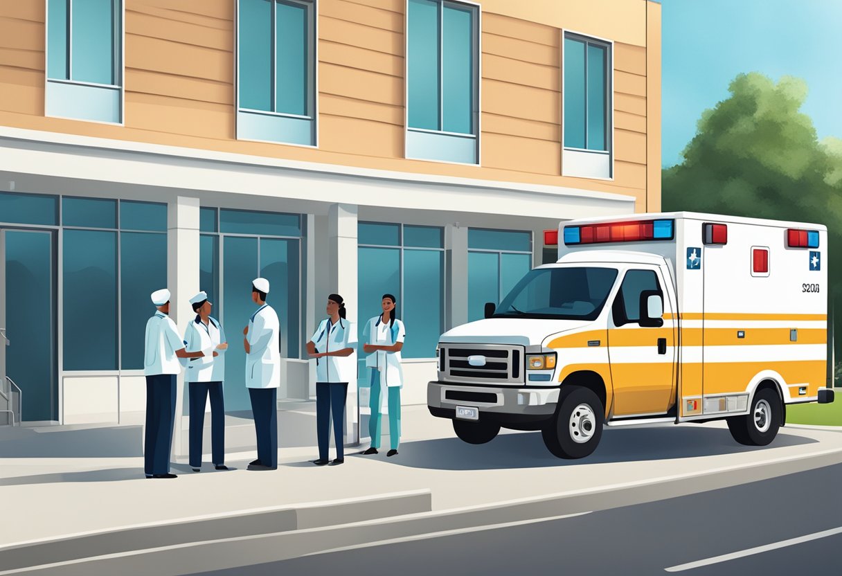 Uma ambulância estacionada do lado de fora de uma unidade médica com funcionários ajudando um paciente.