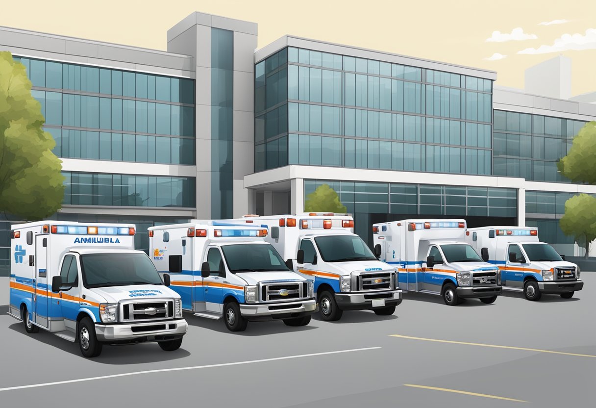 Uma frota de ambulâncias estacionadas do lado de fora de um hospital, com logotipos da empresa e nomes de parceiros exibidos de forma proeminente nos veículos.