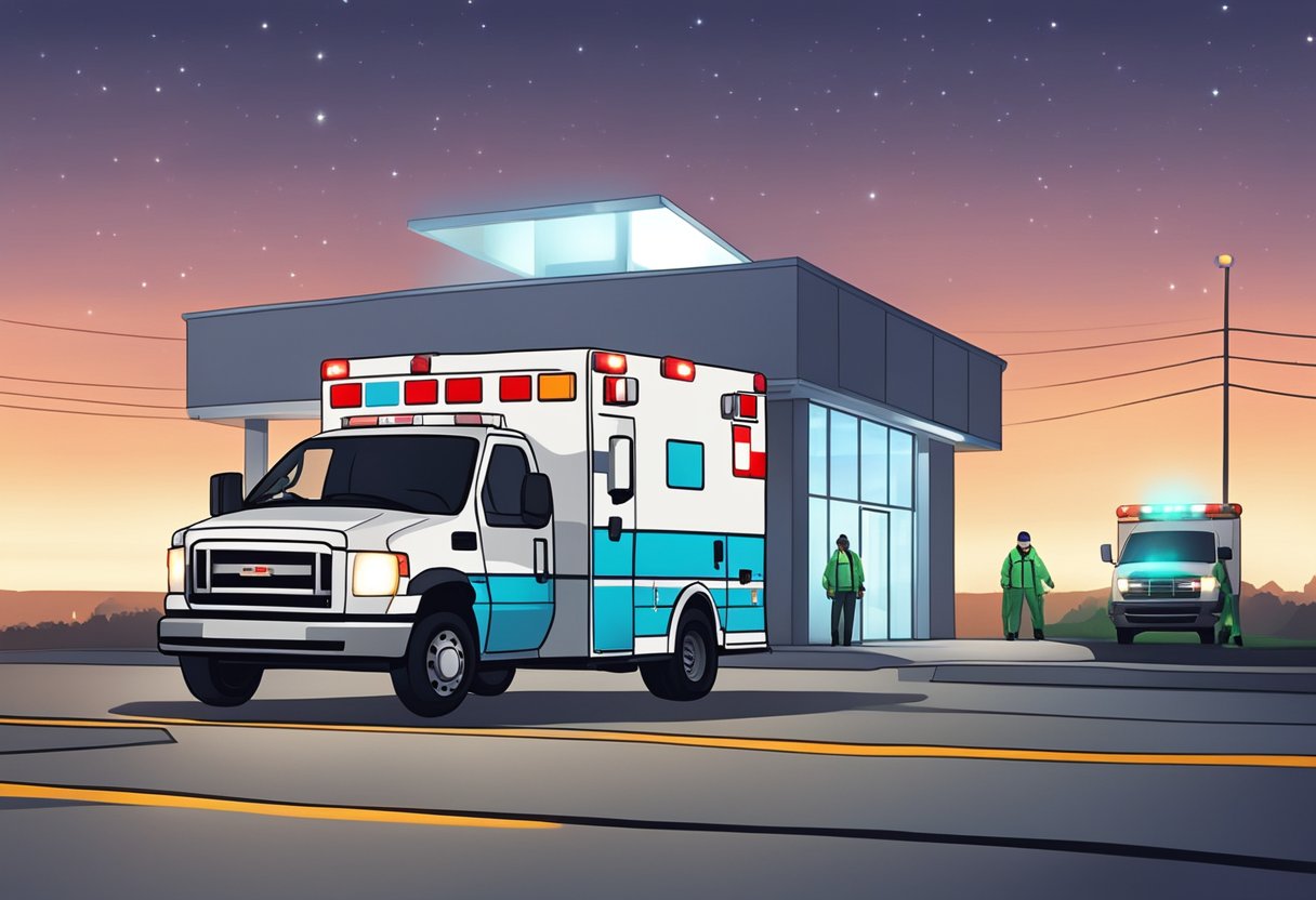 Uma ambulância estacionada do lado de fora de uma unidade médica, com as luzes acesas e um paramédico ao lado.