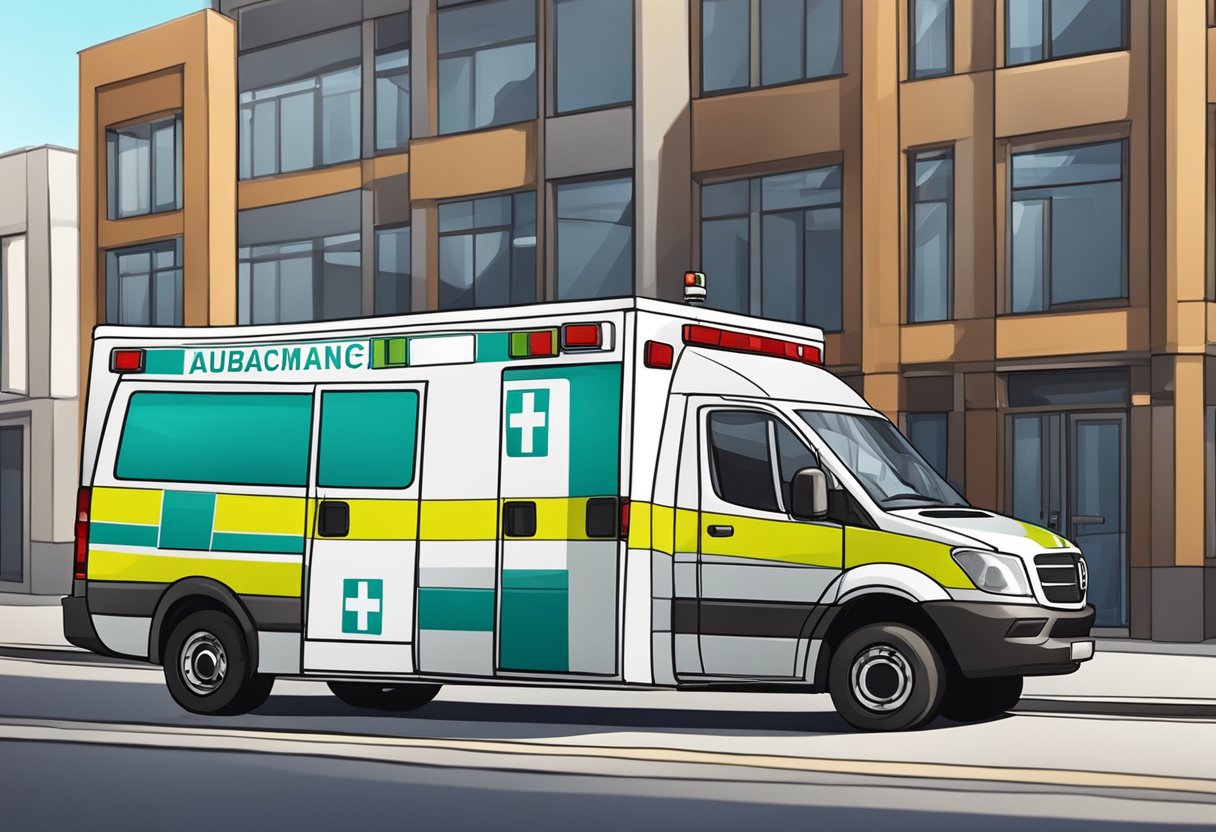 Remoção Ambulancia Particular: Quando e Como Solicitar com Segurança 1 Uma ambulância particular estacionada do lado de fora de um prédio, com paramédicos colocando uma maca dentro do veículo.