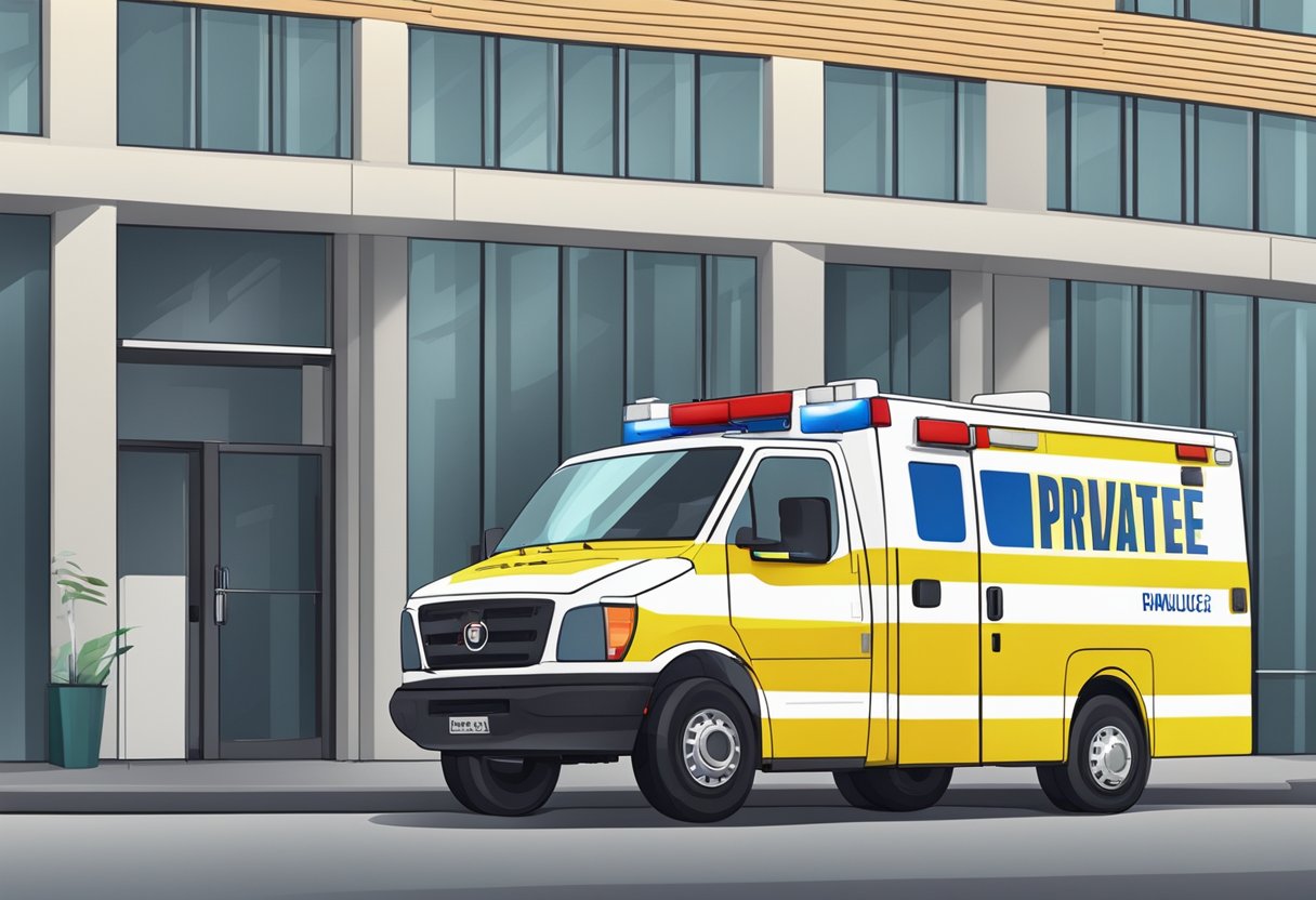 Remoção Ambulancia Particular: Quando e Como Solicitar com Segurança 2 Uma ambulância particular estacionada do lado de fora de um prédio, com uma maca e equipamentos médicos visíveis através das portas abertas.