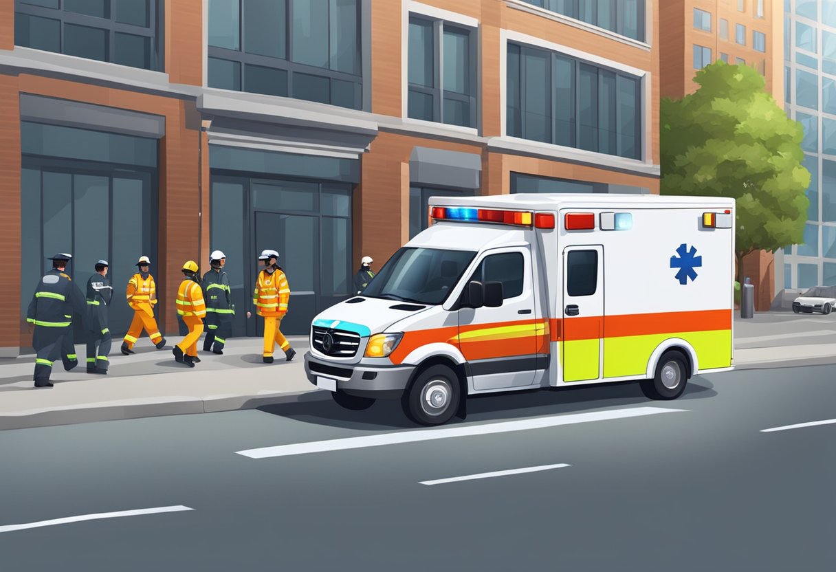 Remoção Ambulancia Particular: Quando e Como Solicitar com Segurança 3 Uma ambulância particular com luzes piscando e sirenes chega a um prédio. A equipe médica leva uma maca em direção ao veículo.