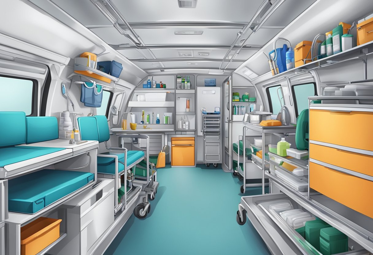 Remoção Ambulancia Particular: Quando e Como Solicitar com Segurança 5 Um ambulância particular totalmente equipada com suprimentos e equipamentos médicos organizados, com uma maca e outras estruturas necessárias para o transporte de pacientes.