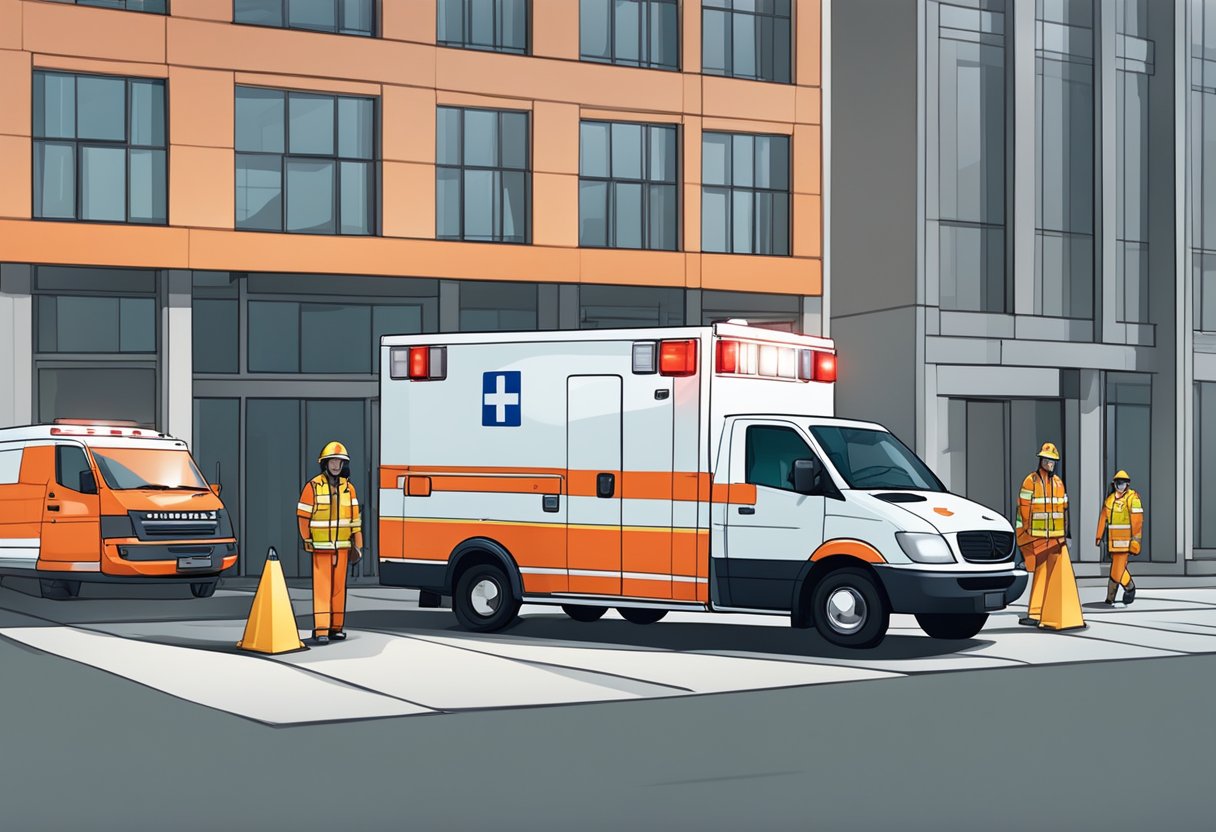 Remoção Ambulancia Particular: Quando e Como Solicitar com Segurança 6 Uma ambulância particular estacionada do lado de fora de um prédio com suas luzes piscando, enquanto paramédicos carregam uma maca em direção ao veículo.