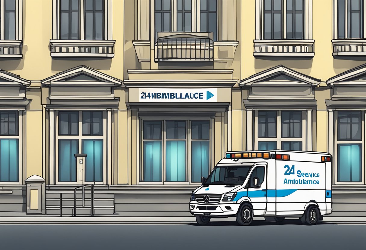 Remoção Ambulancia Particular: Quando e Como Solicitar com Segurança 9 Uma ambulância particular estacionada do lado de fora de um prédio, com uma placa iluminada de "serviço 24 horas" acima da entrada