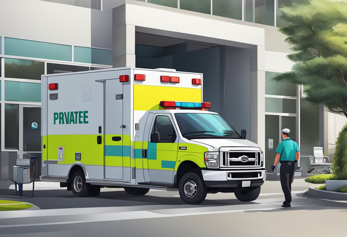 Remoção Ambulancia Particular: Quando e Como Solicitar com Segurança 10 Uma ambulância particular estacionada em frente a uma unidade médica, com paramédicos carregando equipamentos no veículo.