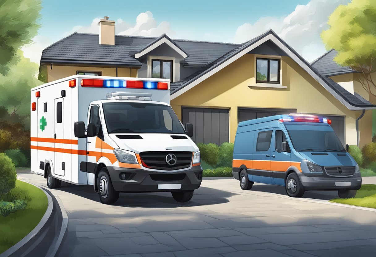 Remoção Ambulancia Particular: Quando e Como Solicitar com Segurança 11 Uma ambulância com marcas e equipamentos de segurança claros, em conformidade com as regulamentações legais, está estacionada em frente a uma residência particular.