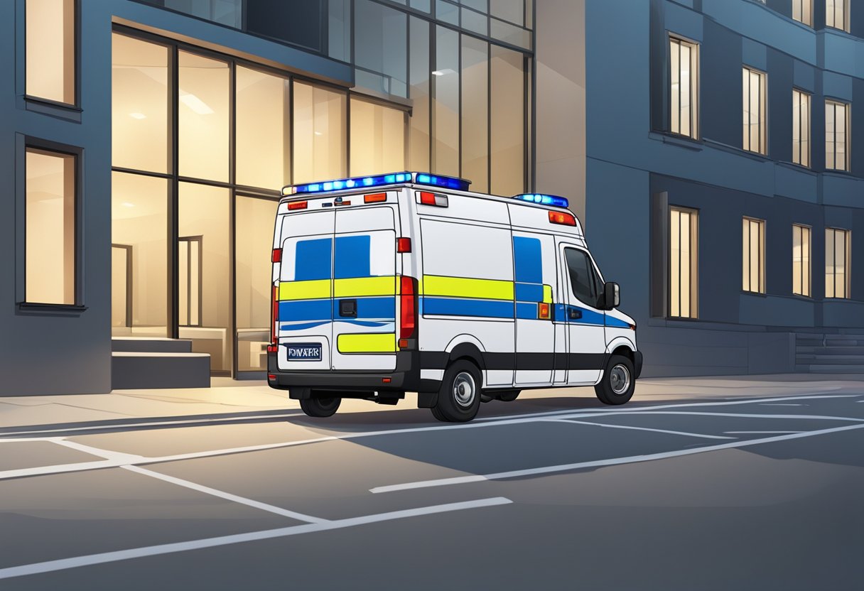 Uma ambulância particular estacionada do lado de fora de um prédio, com suas luzes piscando e a maca visível através das portas traseiras abertas.