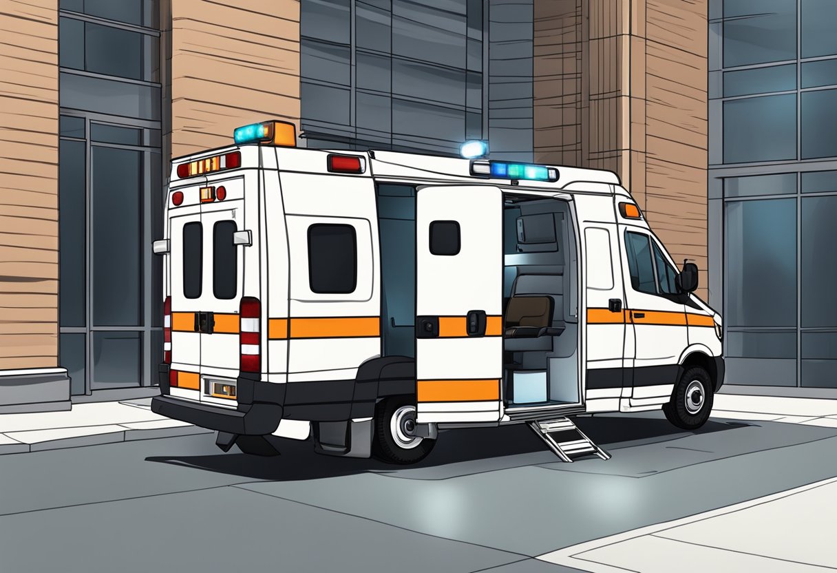 Uma ambulância particular estacionada do lado de fora de um prédio, com as luzes acesas e uma maca médica visível através das portas traseiras abertas.