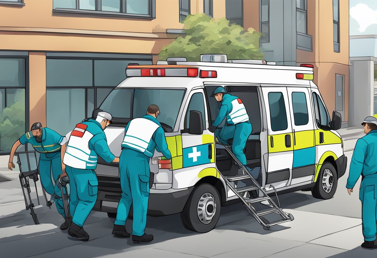 Uma equipe de ambulância privada removendo um paciente de um local