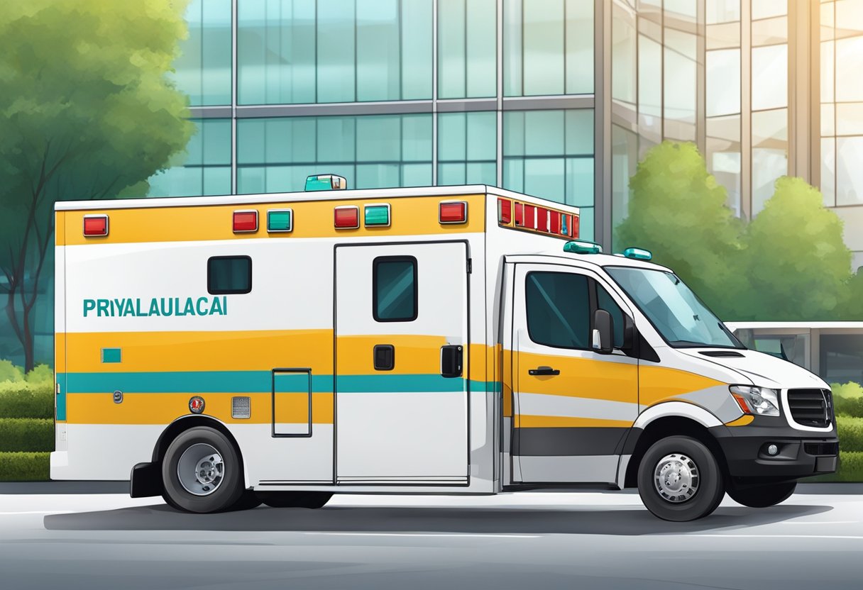 Uma ambulância particular estacionada do lado de fora de uma unidade médica, com equipamentos médicos visíveis através das portas traseiras abertas.