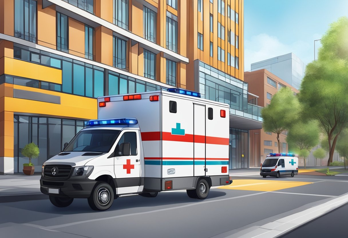 Uma ambulância com luzes piscantes e o logotipo da empresa, estacionada do lado de fora de um prédio com uma maca sendo carregada por paramédicos.