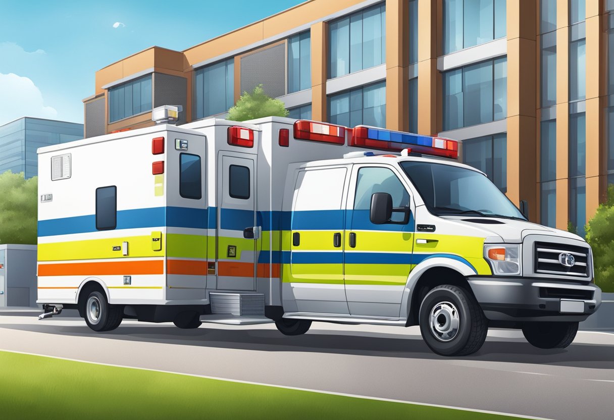 Uma ambulância particular estacionada do lado de fora de um prédio, com paramédicos carregando equipamentos.