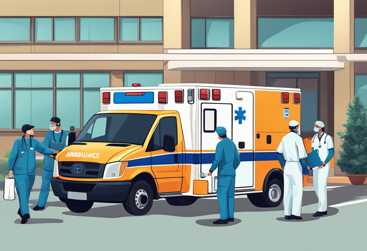 Uma ambulância particular estacionada do lado de fora de um hospital, com paramédicos descarregando equipamentos médicos e se preparando para transportar um paciente.