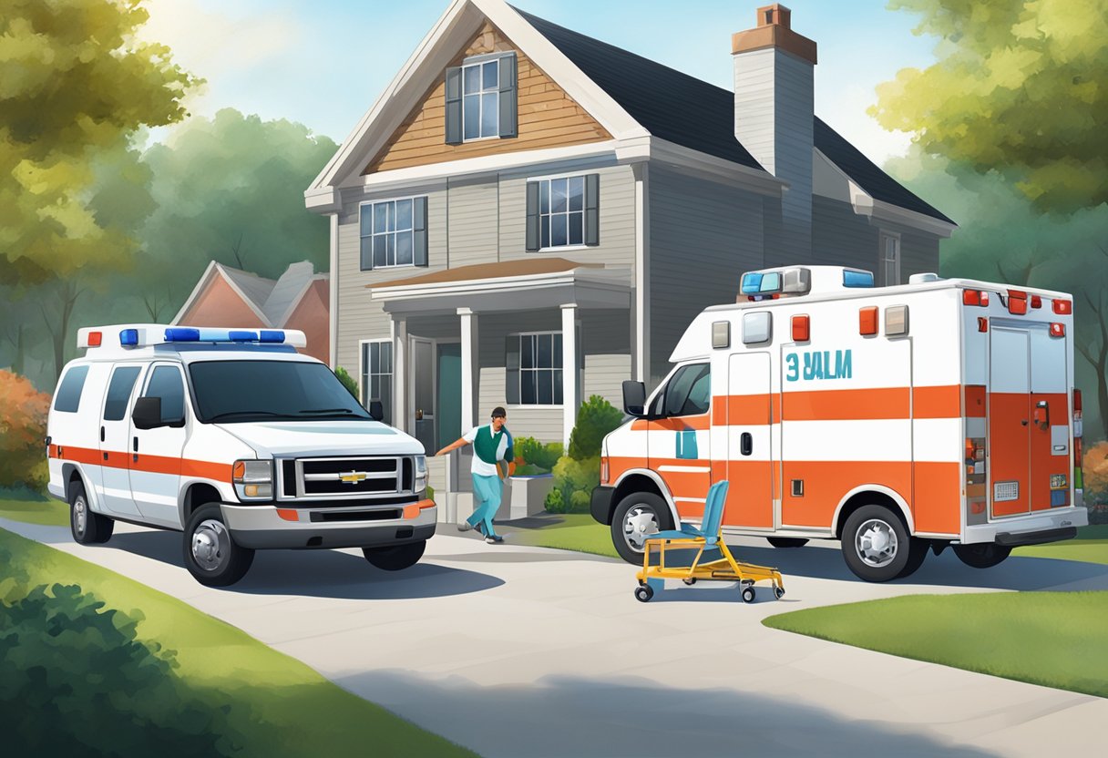 Ambulância Atendimento Domiciliar: Como Funciona e Quando Solicitar 1 Uma casa com uma garagem, onde uma ambulância está estacionada do lado de fora, com um profissional de saúde e um paciente sendo ajudados a entrar no veículo.