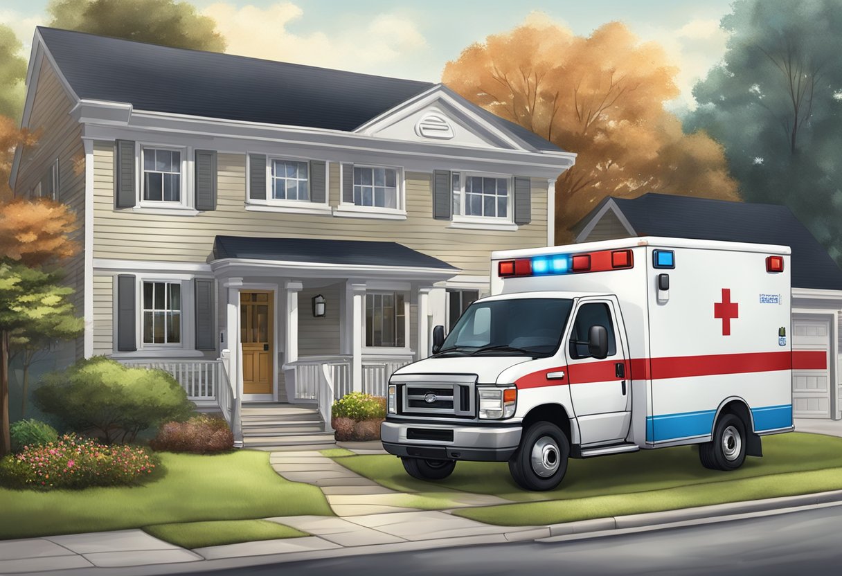 Ambulância Atendimento Domiciliar: Como Funciona e Quando Solicitar 2 Uma ambulância estacionada em frente a uma residência, com paramédicos carregando equipamentos médicos em direção à porta da frente