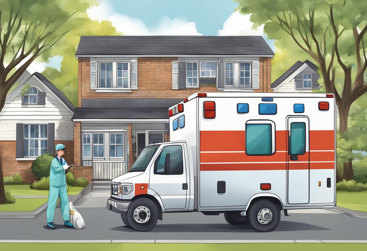 Ambulância Atendimento Domiciliar: Como Funciona e Quando Solicitar 3 Uma equipe de profissionais de saúde e uma ambulância do lado de fora de uma residência