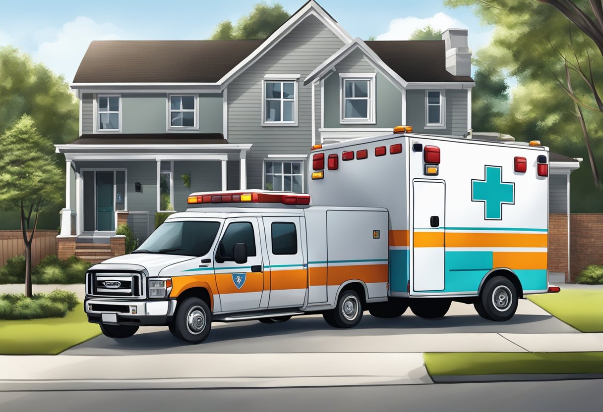 Ambulância Atendimento Domiciliar: Como Funciona e Quando Solicitar 4 Uma ambulância estacionada do lado de fora de uma casa, com paramédicos carregando equipamentos médicos em direção à porta da frente.