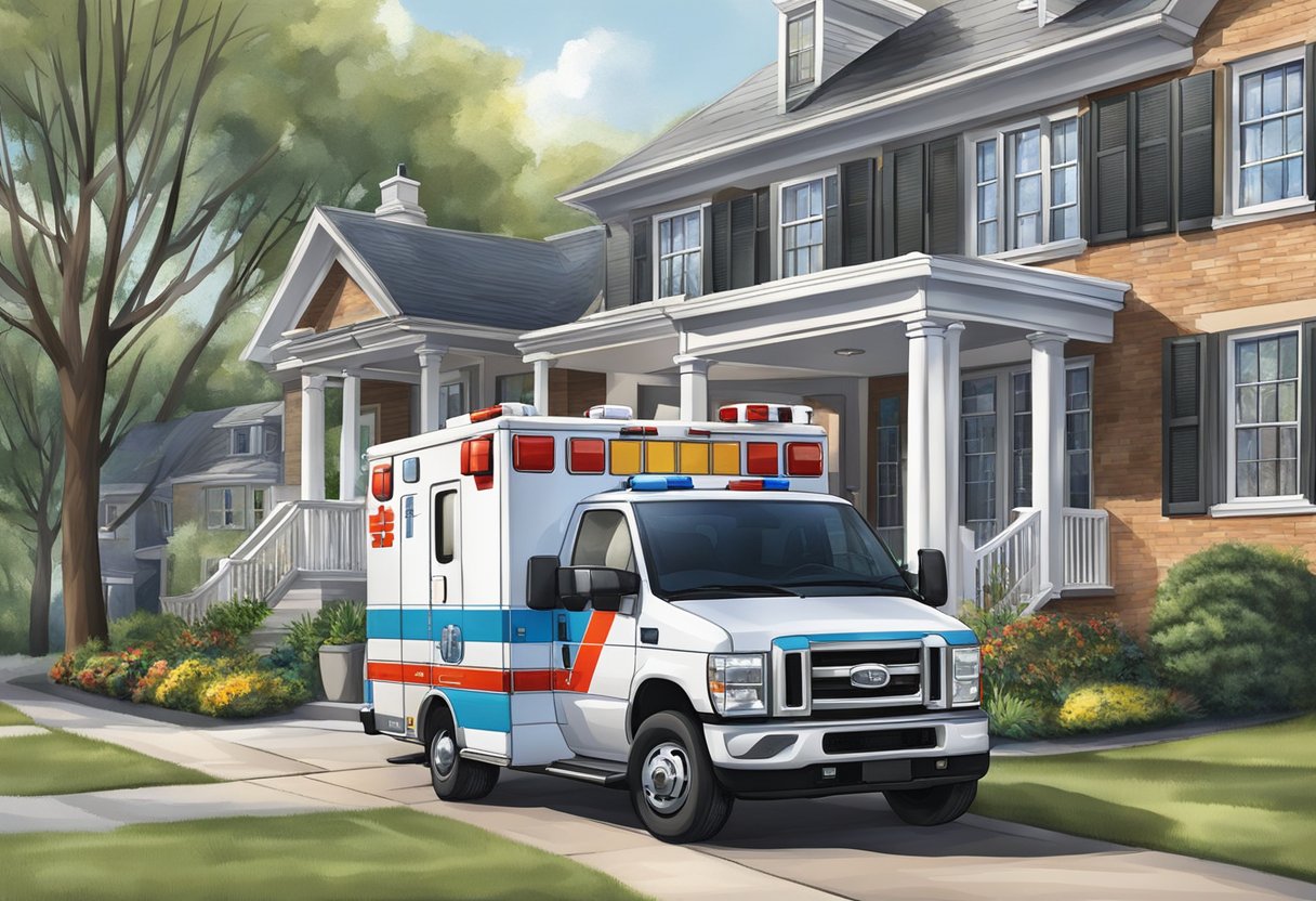 Ambulância Atendimento Domiciliar: Como Funciona e Quando Solicitar 5 Uma ambulância estacionada do lado de fora de uma residência, com paramédicos carregando equipamentos médicos em direção à porta da frente.