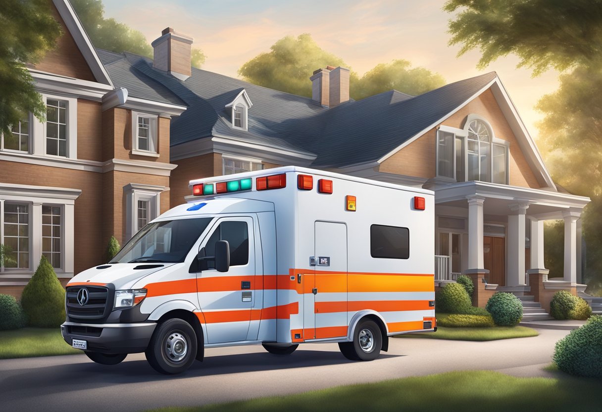 Ambulância Atendimento Domiciliar: Como Funciona e Quando Solicitar 6 Uma ambulância estacionada do lado de fora de uma residência, com equipamentos médicos sendo cuidadosamente transportados para dentro por paramédicos.