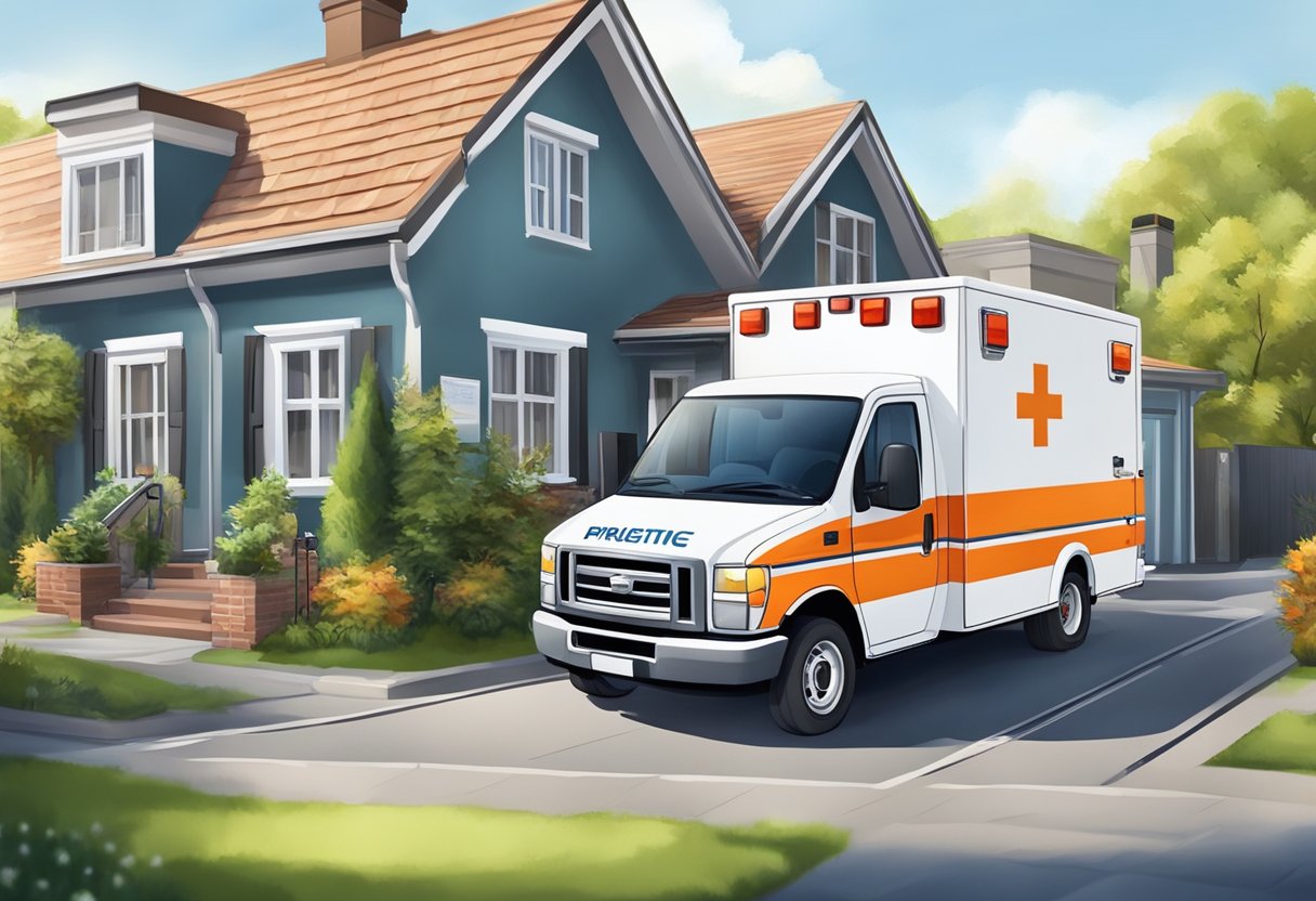 Ambulância Atendimento Domiciliar: Como Funciona e Quando Solicitar 7 Uma ambulância particular estacionada do lado de fora de uma residência, com paramédicos preparando equipamentos médicos para uma visita domiciliar.
