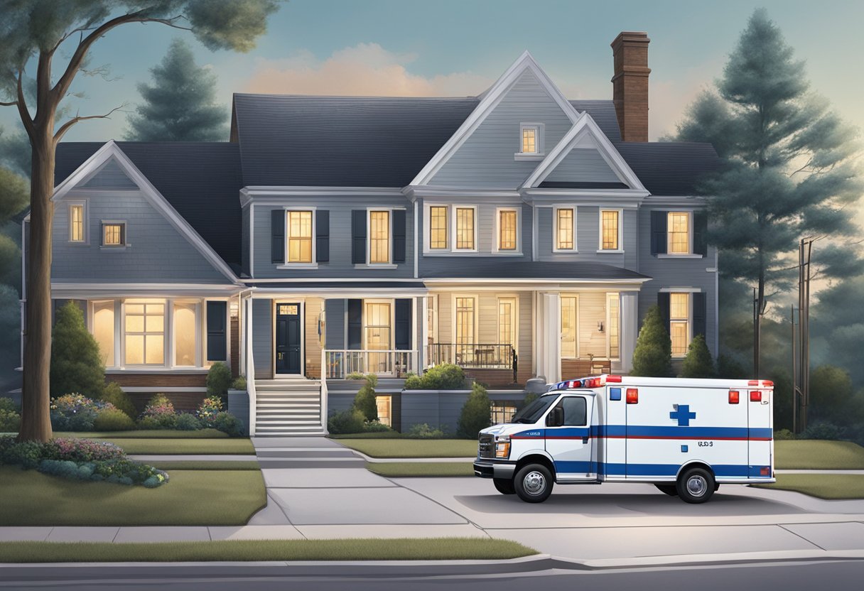 Ambulância Atendimento Domiciliar: Como Funciona e Quando Solicitar 9 Uma ambulância estacionada do lado de fora de uma casa bem iluminada, com um profissional de saúde carregando uma bolsa de suprimentos em direção à porta da frente.