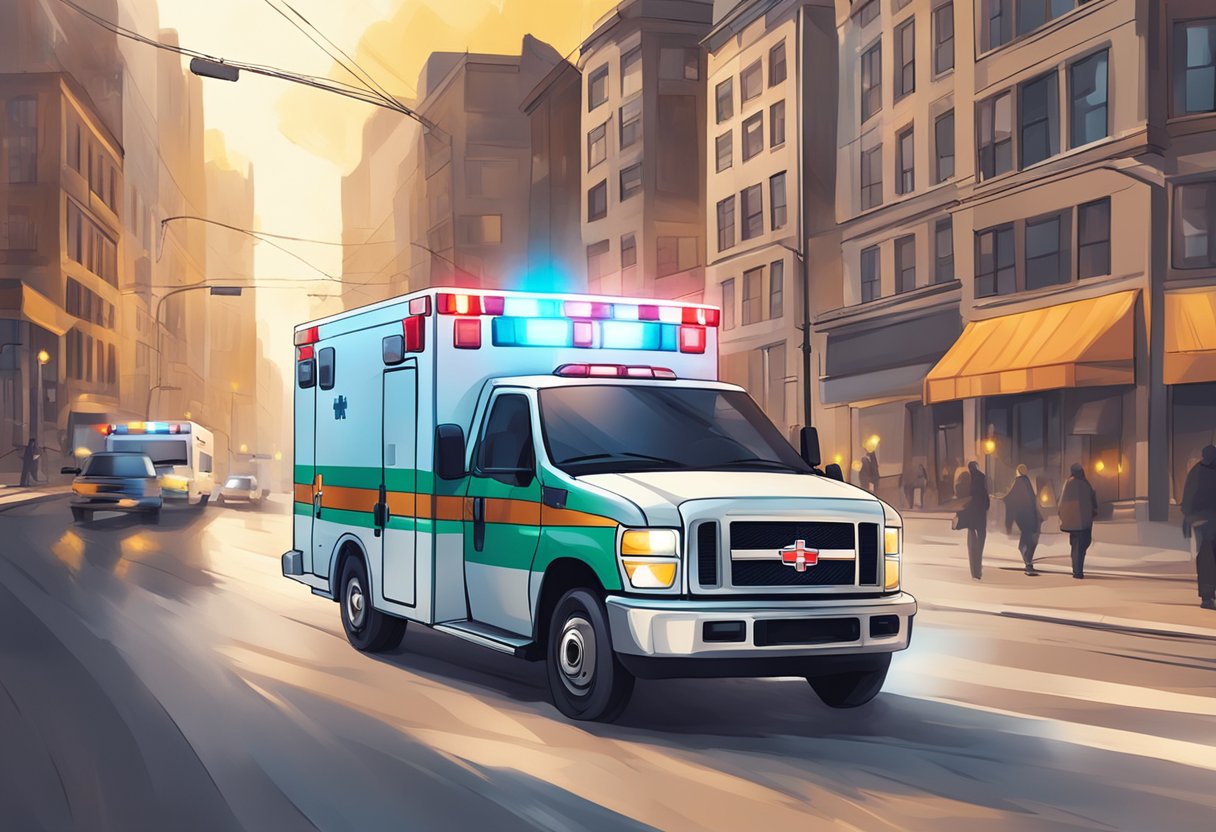 Uma ambulância correndo pelas ruas da cidade com luzes piscando e sirenes soando
