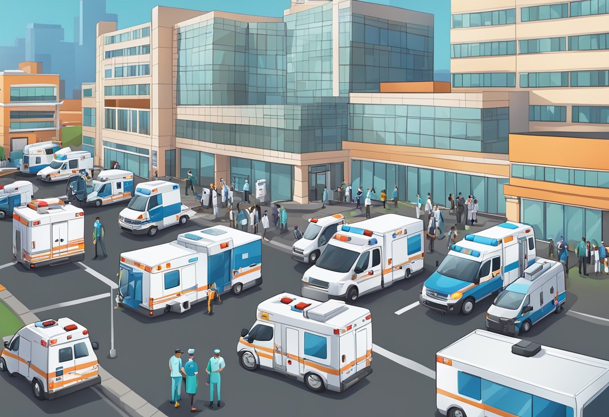 Uma rua movimentada com uma variedade de ambulâncias estacionadas em frente a um hospital, cercadas por profissionais de saúde e equipamentos.
